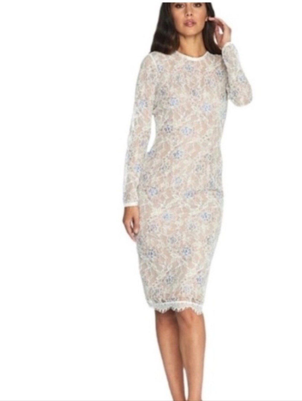 NWT Dress the Population White Sheer Lace Long-Sleeve Midi Dress